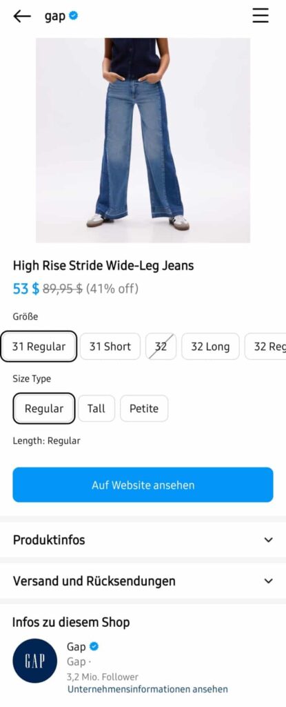 Über Instagram verkaufen - Produktdetailseite einer Jeans auf Instagram Shopping