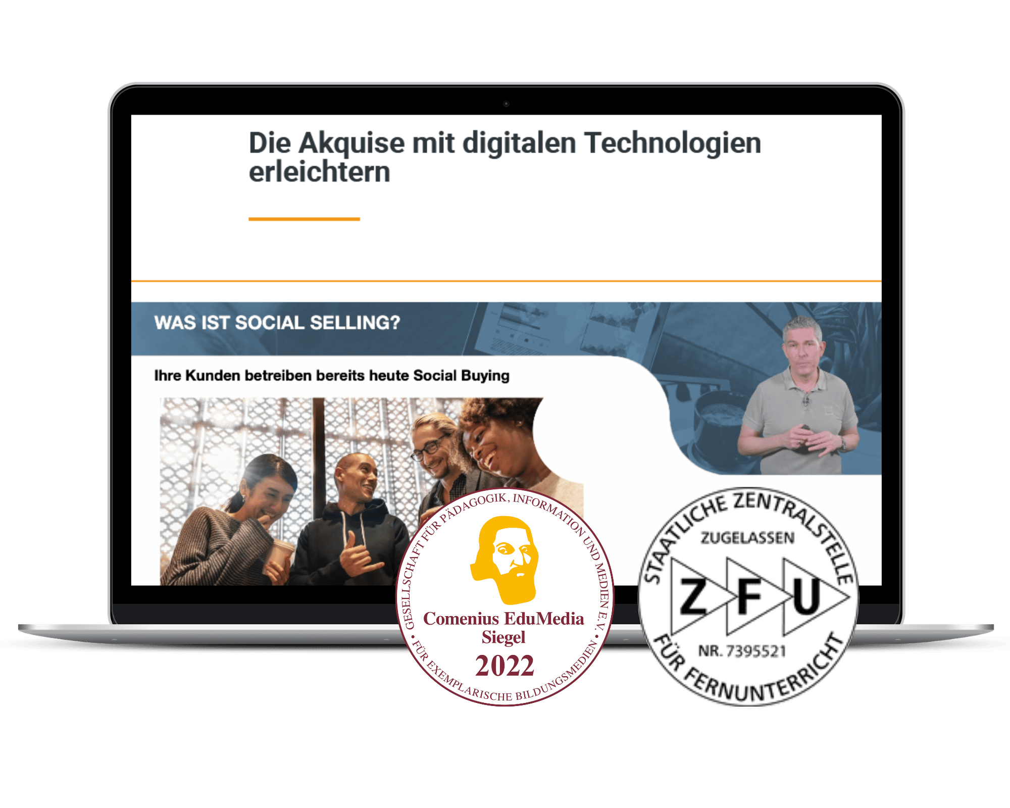 Digital Sales Manager Bildschirm mit Comenius Award und ZFU Siegel