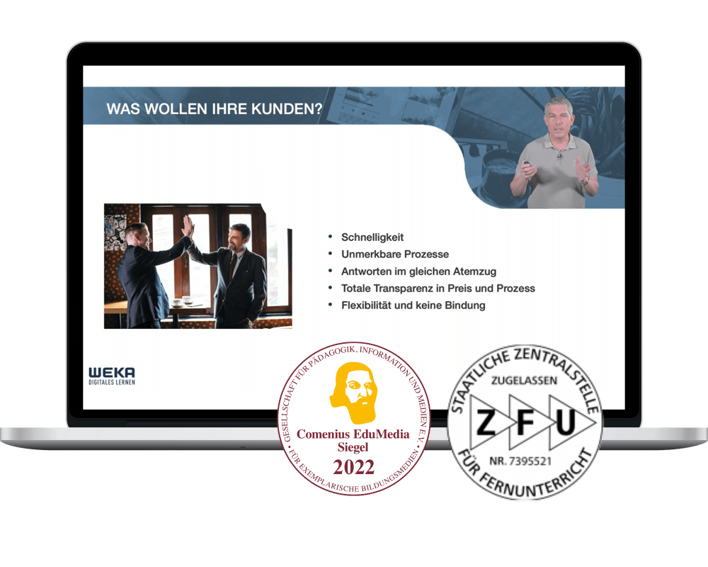 Digital Sales Manager Bildschirm mit Comenius Award und ZFU Siegel