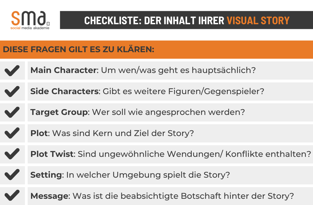 Checkliste für das Visual Storytelling: Diese Punkte gibt es bei der Auswahl des Storyinhalts zu beachten.
