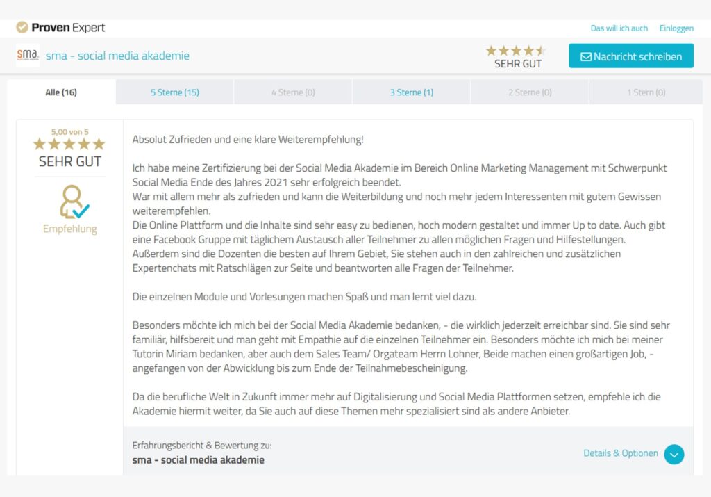 Bewertung der Social Media Akademie auf der Plattform ProvenExpert - UGC Marketing