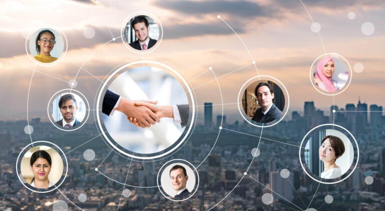 Die Vernetzung von Personen illustriert vor der Kulisse einer Großstadt