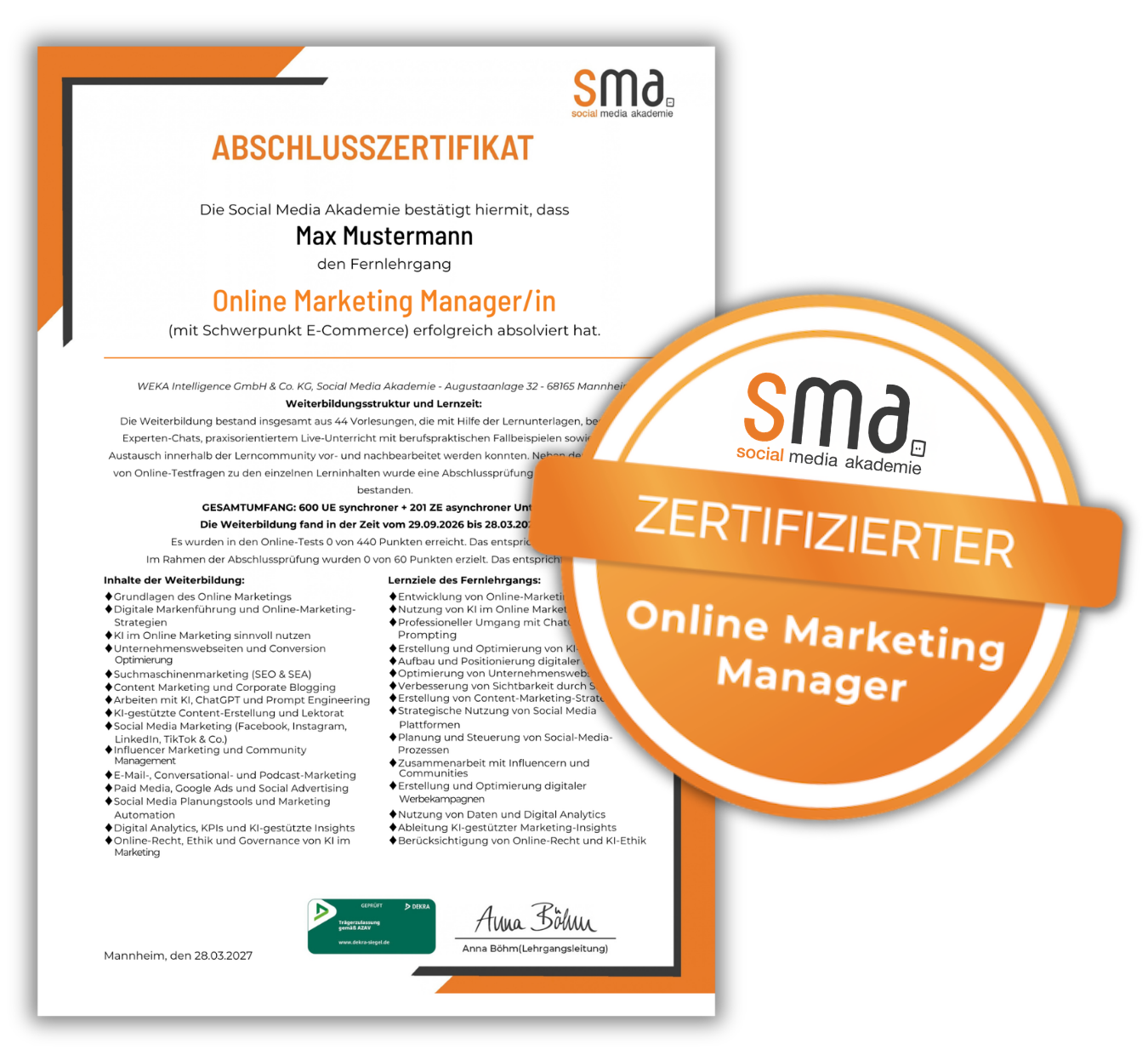 Zertifikat und Badge des Online Marketing Manager Kurses