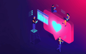 Illustration: Sprechblase mit Herz und Menschen in digitaler Kommunikation