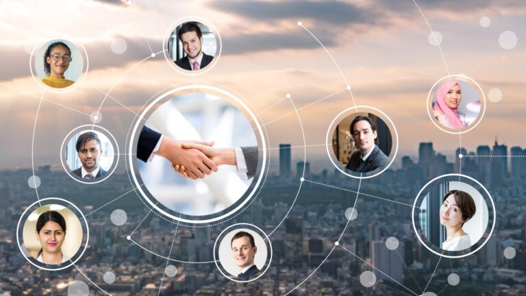 Illustration von sich vernetzenden Personen, in der Mitte zwei sich reichende Hände