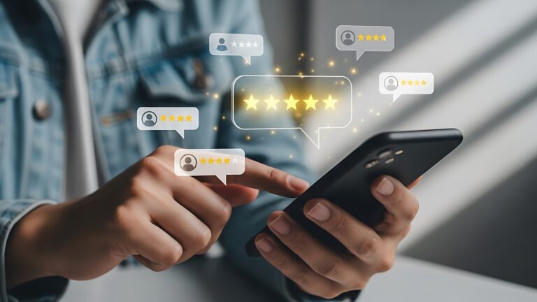 Empfehlungsmarketing - Person gibt eine 5-Sterne-Bewertung auf ihrem Smartphone ab.