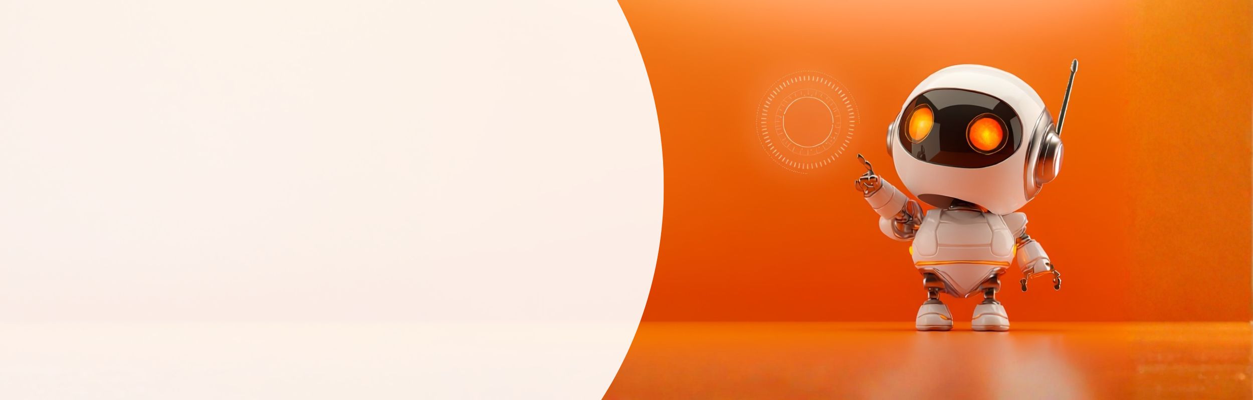 Kleiner weißer Roboter vor orangenem Hintergrund zeigt auf eine digitale Kreisform