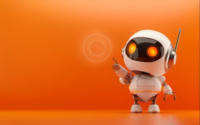 Kleiner weißer Roboter vor orangenem Hintergrund zeigt auf eine digitale Kreisform
