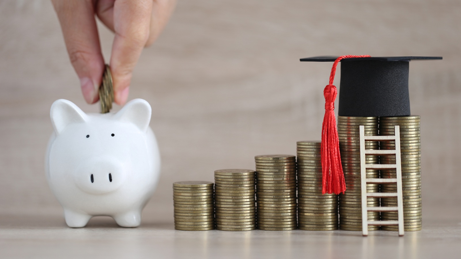 Ein Stapel mit Münzen, auf dem ein Graduierungshut liegt. Daneben steht ein Sparschwein.