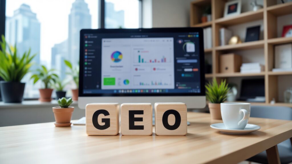 der Schriftzug GEO prangt vor einem Computermonitor, auf dem verschiedene GEO Tools Analysen zu sehen sind.