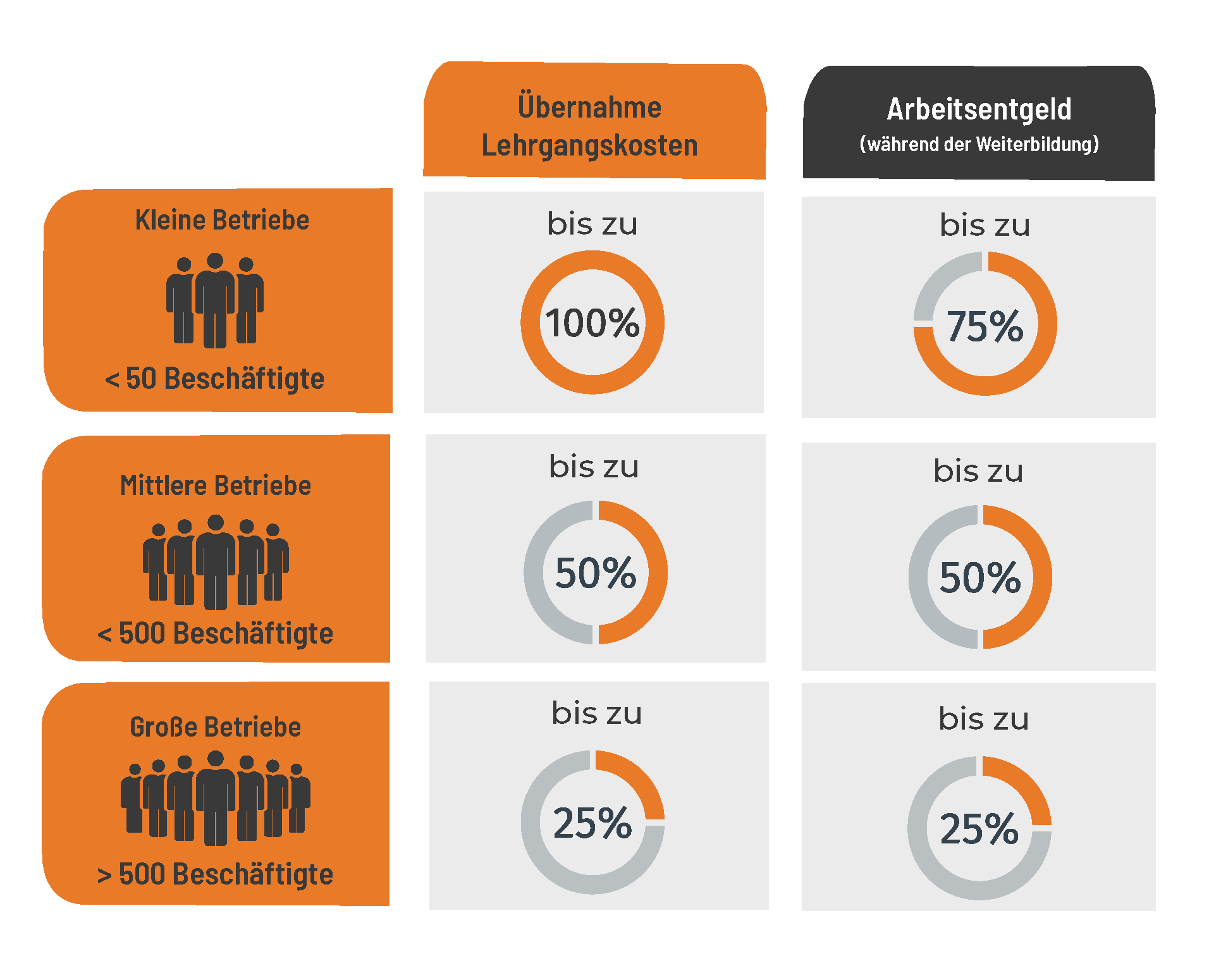 Qualifizierungschancengesetz Grafik. Aufschlüsselung der Förderung nach Unternehmensgrößen